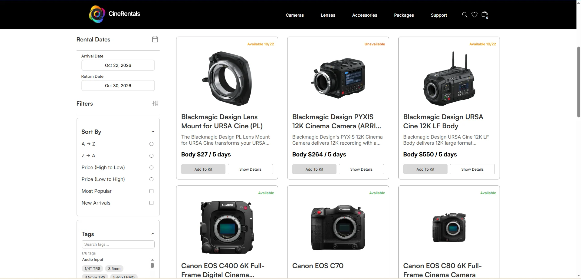 CineRentals storefront: rental dates and filters beside a grid of cinema cameras with availability and five-day prices