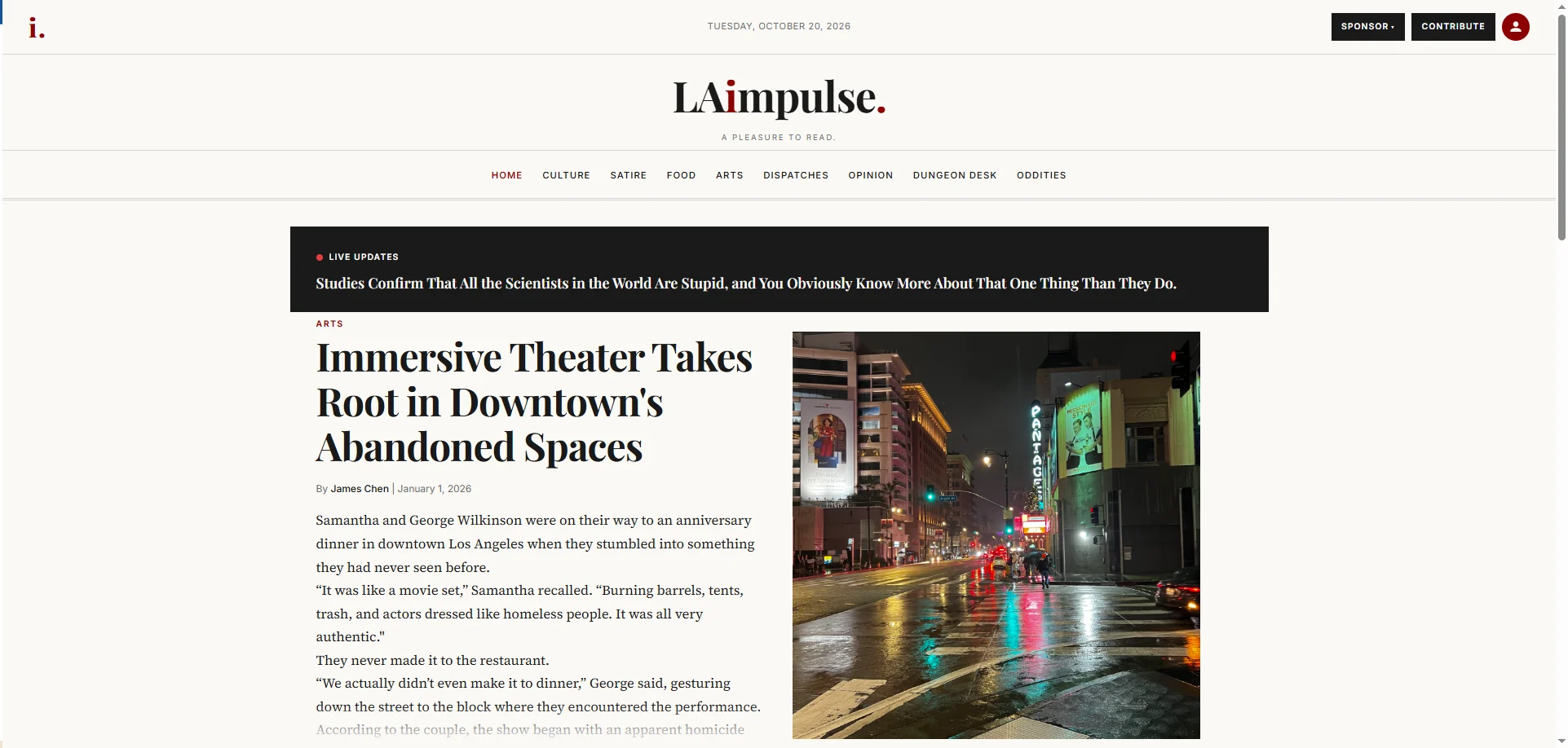 LAimpulse front page: serif masthead, section navigation, a live-updates banner and a lead arts story with a night photo of Hollywood
