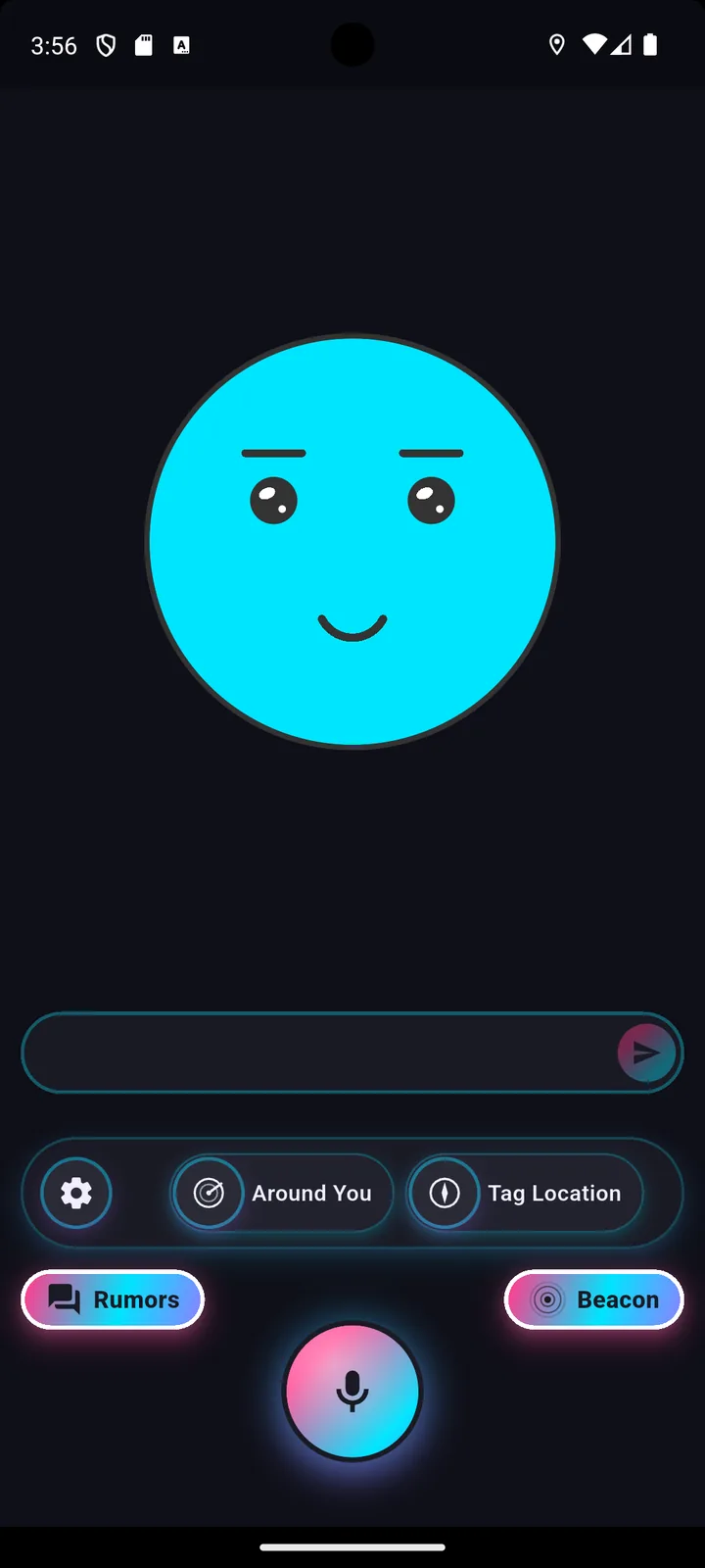 Pop Cosmic home screen with a smiling companion face, a chat field, Around You, Tag Location, Rumors and Beacon buttons, and a mic